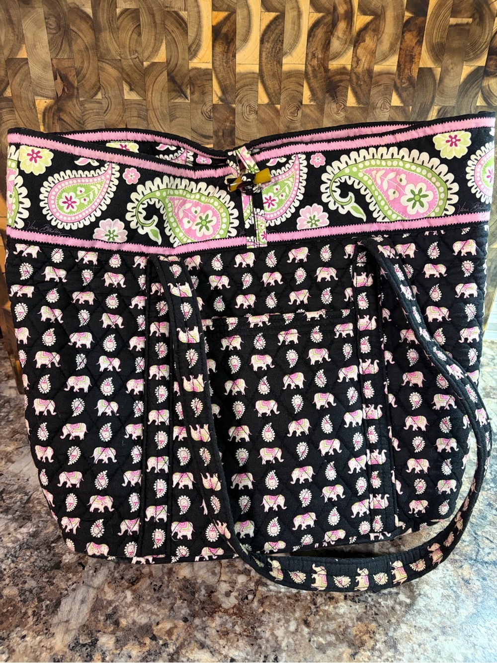 Quilted Paisley & Elephant Tote Bag in Black and Pink Vera Bradley